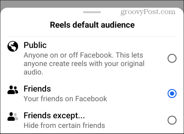 impostazione predefinita di Facebook per il pubblico dei reels