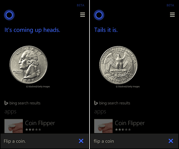 Cortana Lancia una moneta