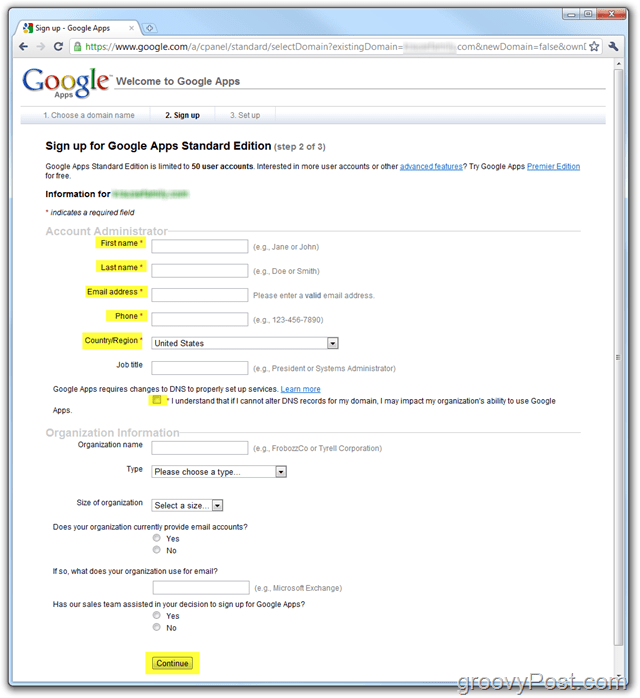 Registrazione Google Apps Standard Edition Inserisci dominio