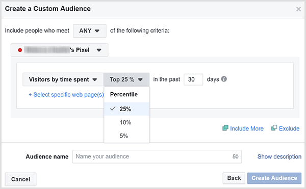 La finestra di dialogo Crea un pubblico personalizzato di Facebook ha opzioni per indirizzare gli annunci ai clienti che hanno trascorso la maggior parte del tempo sul tuo sito web.
