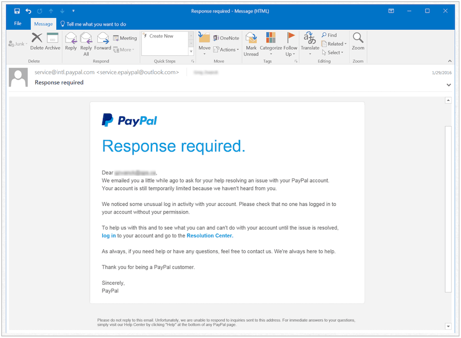 Avviso falso PayPal