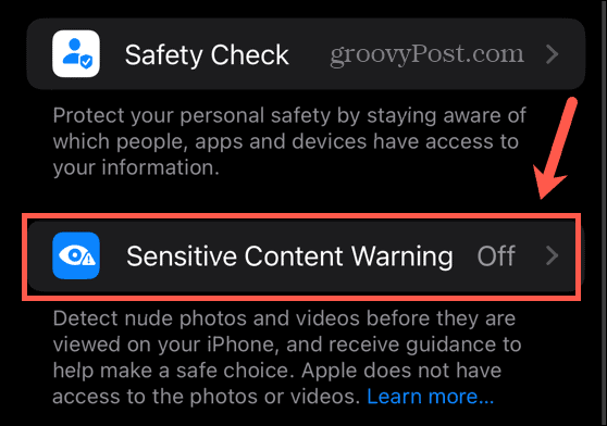 impostazioni degli avvisi sui contenuti sensibili di iOS