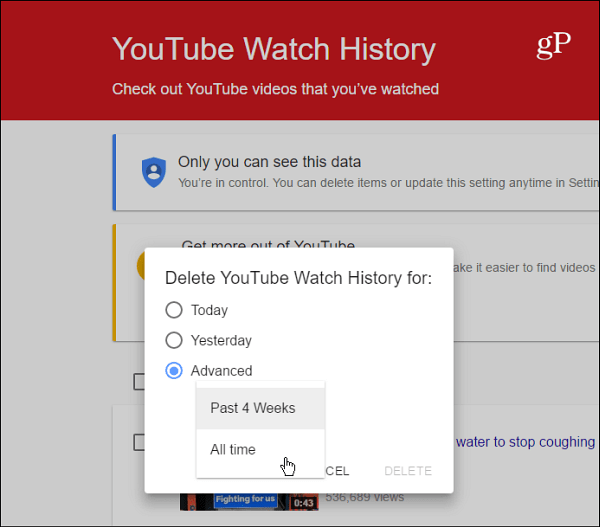 Elimina la cronologia visualizzazioni di YouTube
