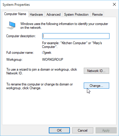 Proprietà del sistema di Windows 10 Nome computer
