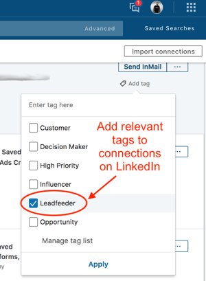 Contrassegnare i tag in LinkedIn Sales Navigator.
