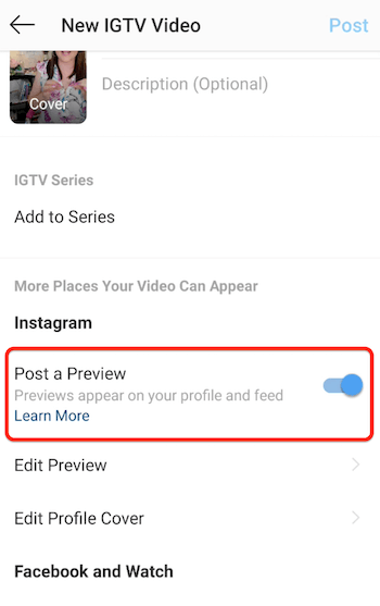 instagram igtv nuove opzioni del menu video con l'opzione pubblica un'anteprima attivata