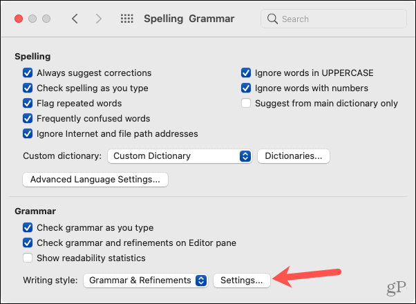 Opzioni Mac Word, Impostazioni grammatica