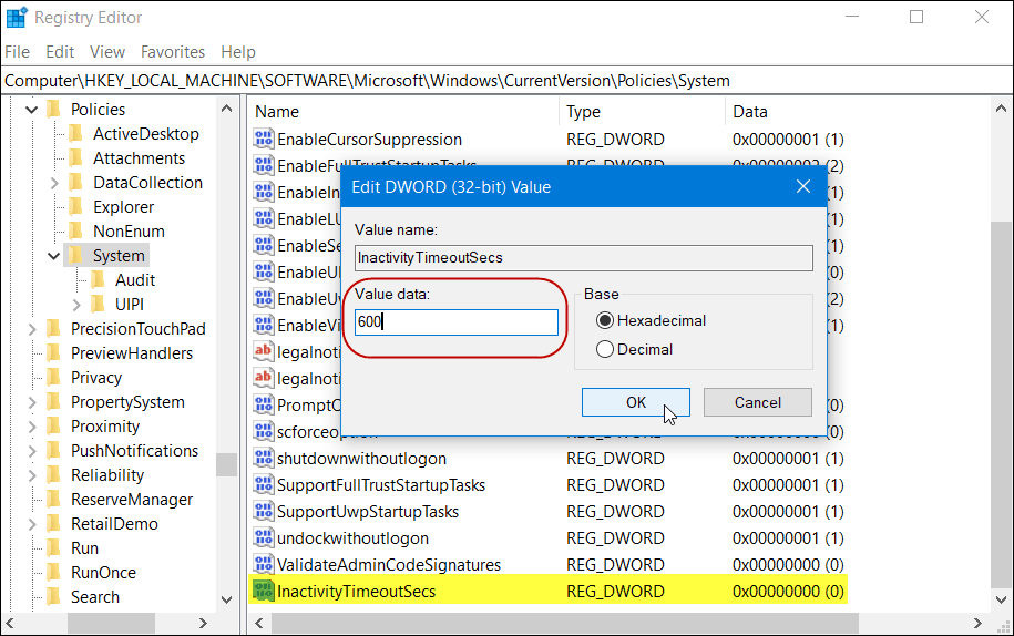 InactivityTimeoutSecs Registry Versione di Windows 10 Home