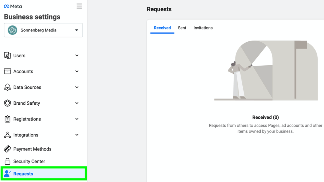 immagine della scheda Richieste in Impostazioni Meta Business