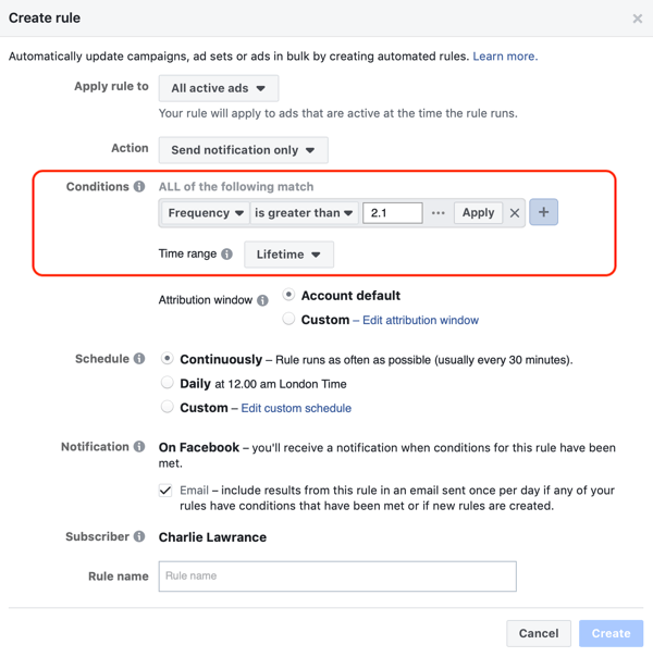 Utilizza le regole automatizzate di Facebook, notifica quando la frequenza degli annunci è superiore a 2.1, passaggio 2, impostazioni delle condizioni