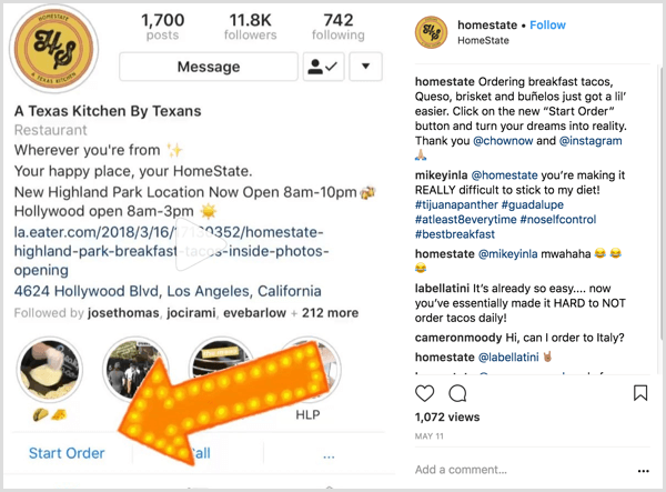 esempio di post aziendale di Instagram che mostra agli utenti come utilizzare il pulsante di azione Avvia ordine