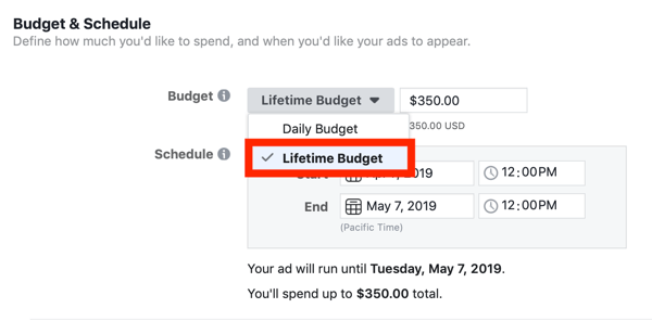 Suggerimenti per ridurre i costi degli annunci di Facebook, opzione per impostare il budget della campagna sul budget a vita