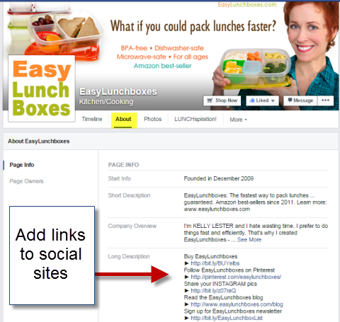 link social nella sezione about della pagina facebook easy lunch box