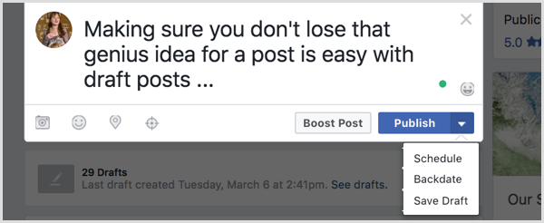 Salva il tuo post di Facebook come bozza.