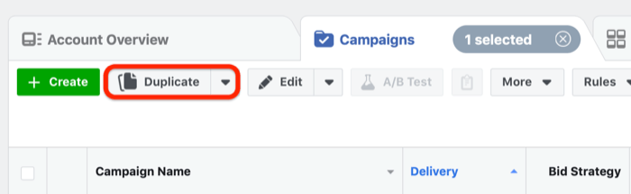Pulsante Duplica in Facebook Ads Manager