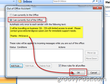 Abilita Attiva la risposta automatica dell'assistente fuori sede di Microsoft Outlook