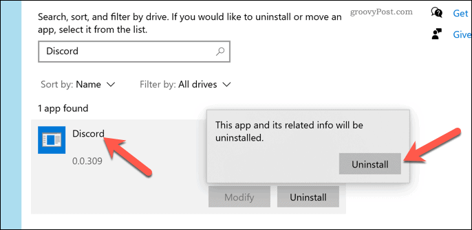Rimozione di Discord da Windows 10