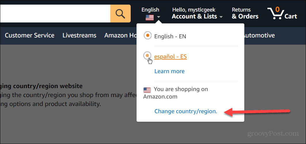 Cambia lingua su Amazon