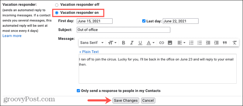 Risponditore per le vacanze fuori sede di Gmail online 