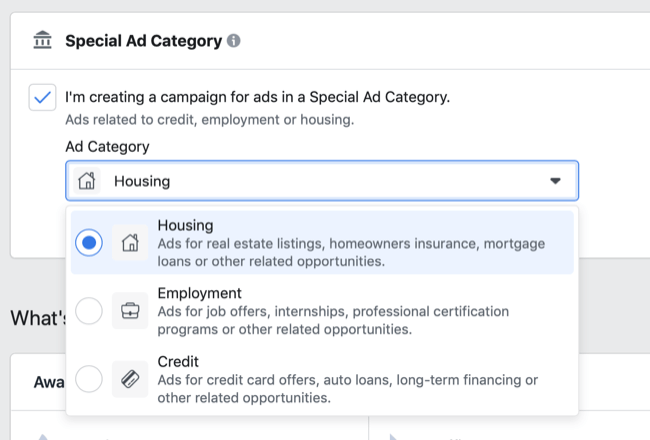 Opzioni della categoria di annunci speciali di Facebook nel menu a discesa della categoria di annunci