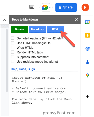 Converti in HTML utilizzando Documenti in Markdown in Google Documenti