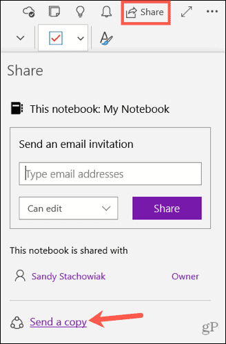 Invia una copia di una nota in OneNote per Windows 10