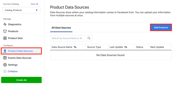 Utilizzare lo strumento di configurazione degli eventi di Facebook, passaggio 22, opzione di menu per aggiungere prodotti tramite la scheda delle origini dati del prodotto in Facebook