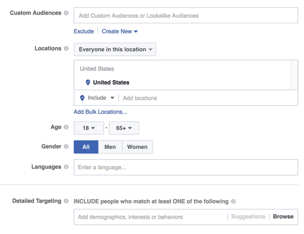 opzioni di targeting del pubblico degli annunci di Facebook
