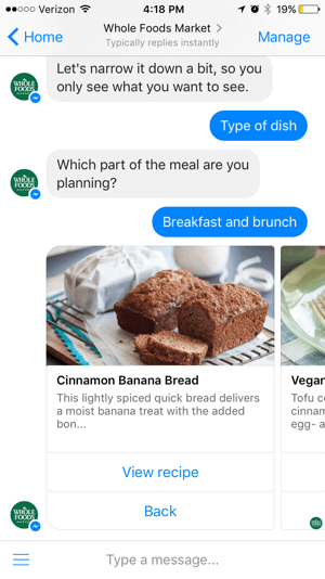 Il chatbot di Whole Foods offre valore attraverso i contenuti piuttosto che vendere direttamente agli utenti.