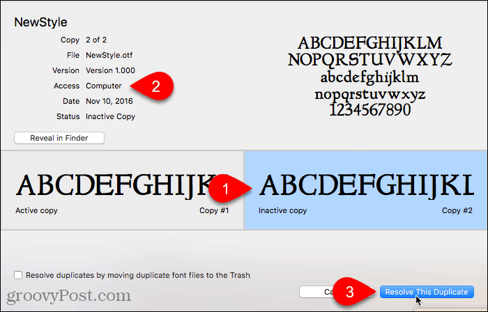 Fare clic su Risolvi questo duplicato nel libro dei font