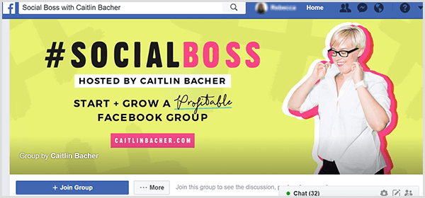 La foto di copertina del gruppo Facebook per Social Boss ospitata da Caitlin Bacher ha uno sfondo giallo, accenti rosa sul testo e una foto di Caitlin che si tira su il colletto della camicia.