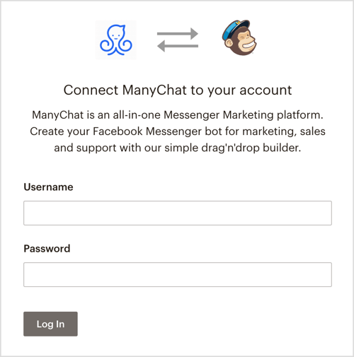 Accedi al tuo account MailChimp tramite ManyChat.