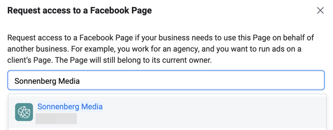 immagine della schermata Richiedi l'accesso a una pagina Facebook in Meta Business Manager