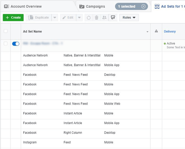 Suggerimenti per ridurre i costi degli annunci di Facebook, esempio di posizionamenti di campagne di set di annunci 