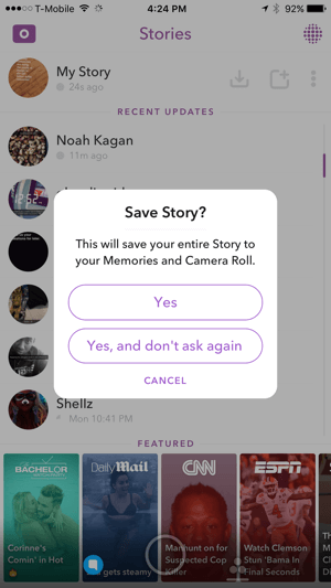 Tocca Sì per salvare la tua storia Snapchat.