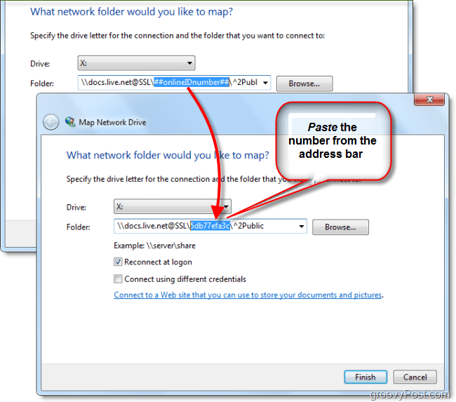 incolla l'ID di Windows Live nell'unità di rete della mappa