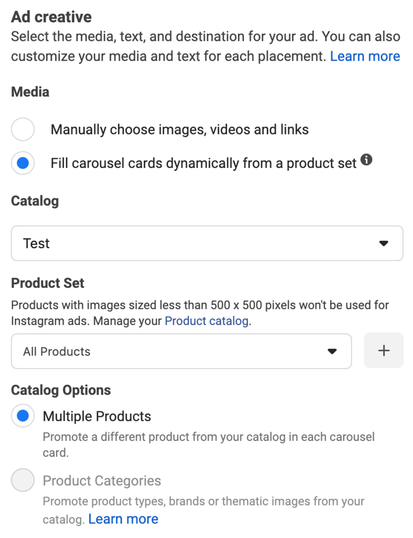 immagine di Riempi dinamicamente le schede del carosello da un'opzione Set di prodotti selezionata durante la configurazione dell'annuncio di Facebook