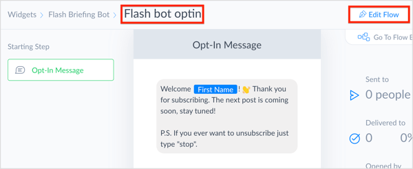  Assegna un nome al messaggio di attivazione e fai clic su Modifica flusso.