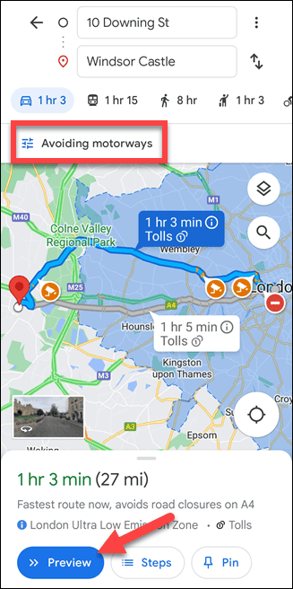 Percorso mobile di Google Maps senza autostrade