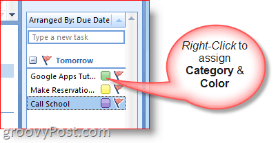 Barra delle cose da fare di Outlook 2007: fare clic con il pulsante destro del mouse su Attività per selezionare i colori e la categoria