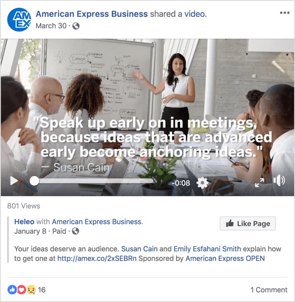 Questo annuncio di Facebook per American Express Business presenta Susan Cain, una nota esperta di leadership e gestione che ha raggiunto la fama con un recente TED Talk.
