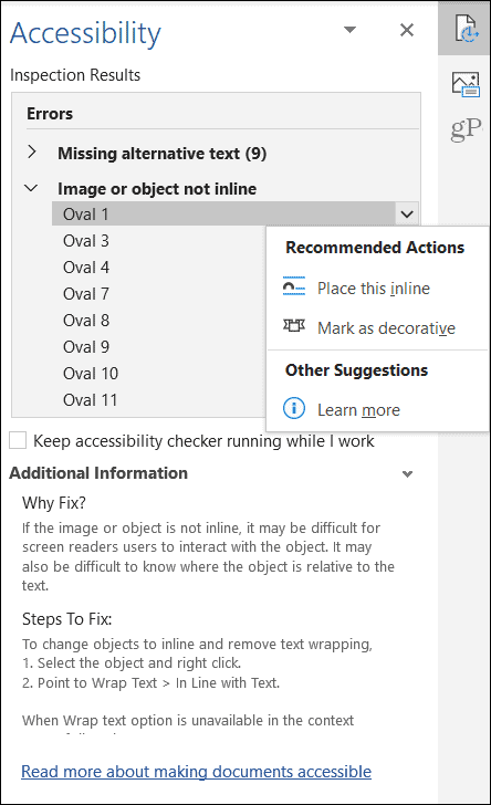 Risultati oggetto Controllo accessibilità di Microsoft Office