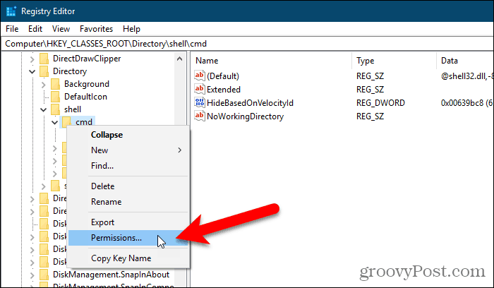 Seleziona Autorizzazioni per una chiave nell'editor del registro di Windows