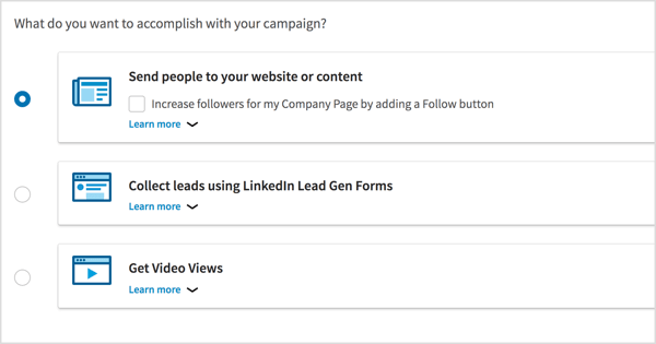 Scegli l'obiettivo della campagna per la tua campagna di annunci video su LinkedIn.