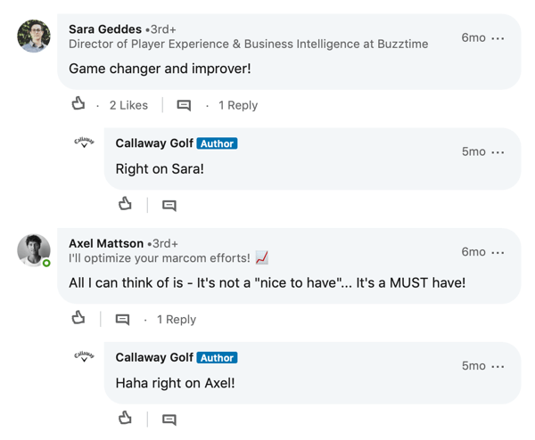 Commenti dei membri di LinkedIn per il post di Callaway Golf