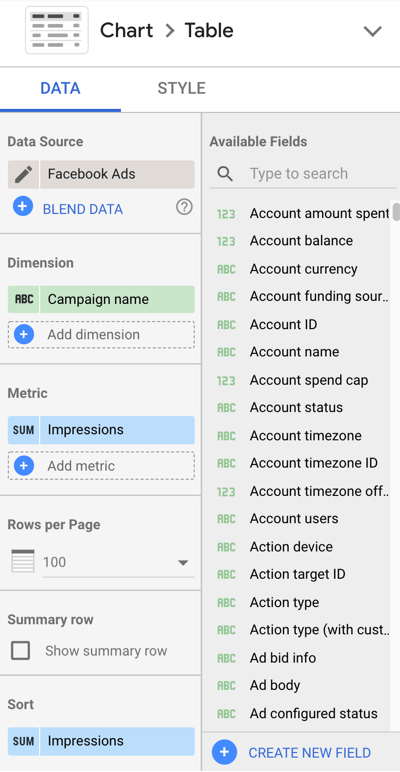Utilizza Google Data Studio per analizzare i tuoi annunci di Facebook, passaggio 10, impostazioni del menu per personalizzare i dati del grafico