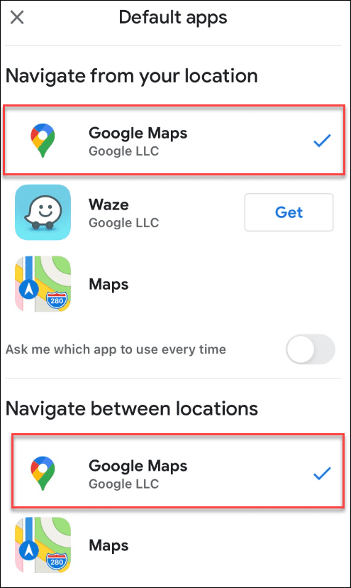 gmail google maps selezionato come predefinito