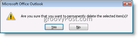 Casella di conferma di Outlook per eliminare definitivamente un elemento di posta elettronica 