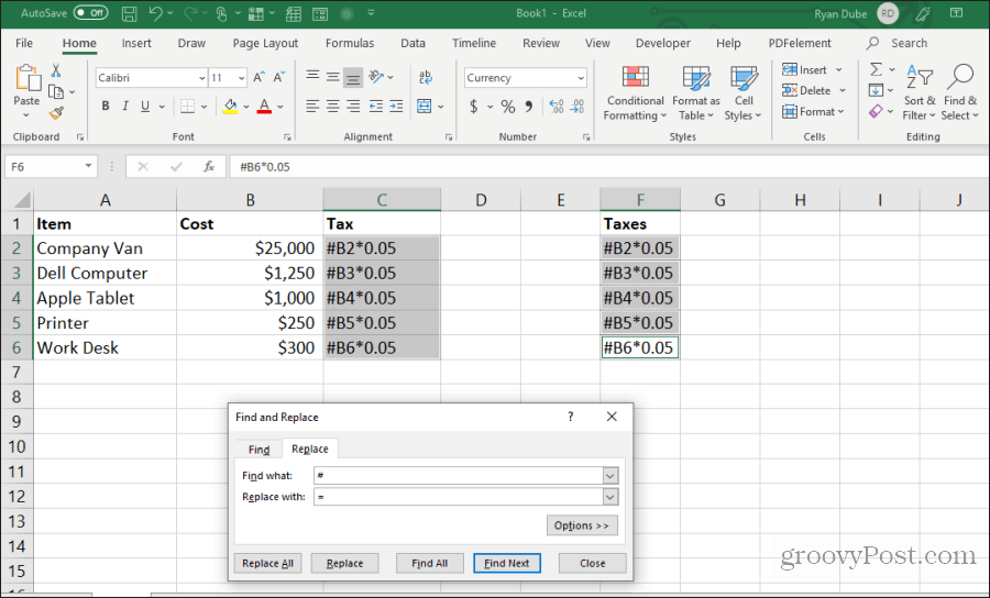 cerca e sostituisci la formula in Excel