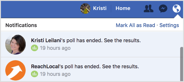 Notifica dei risultati del sondaggio gif di Facebook